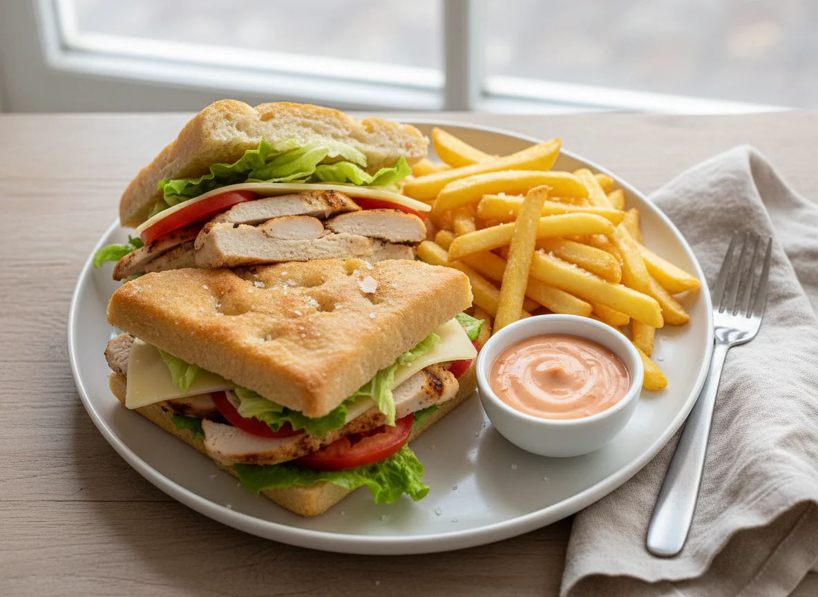 Focaccia Sandwich mit Pommes Frites und Sauce photo