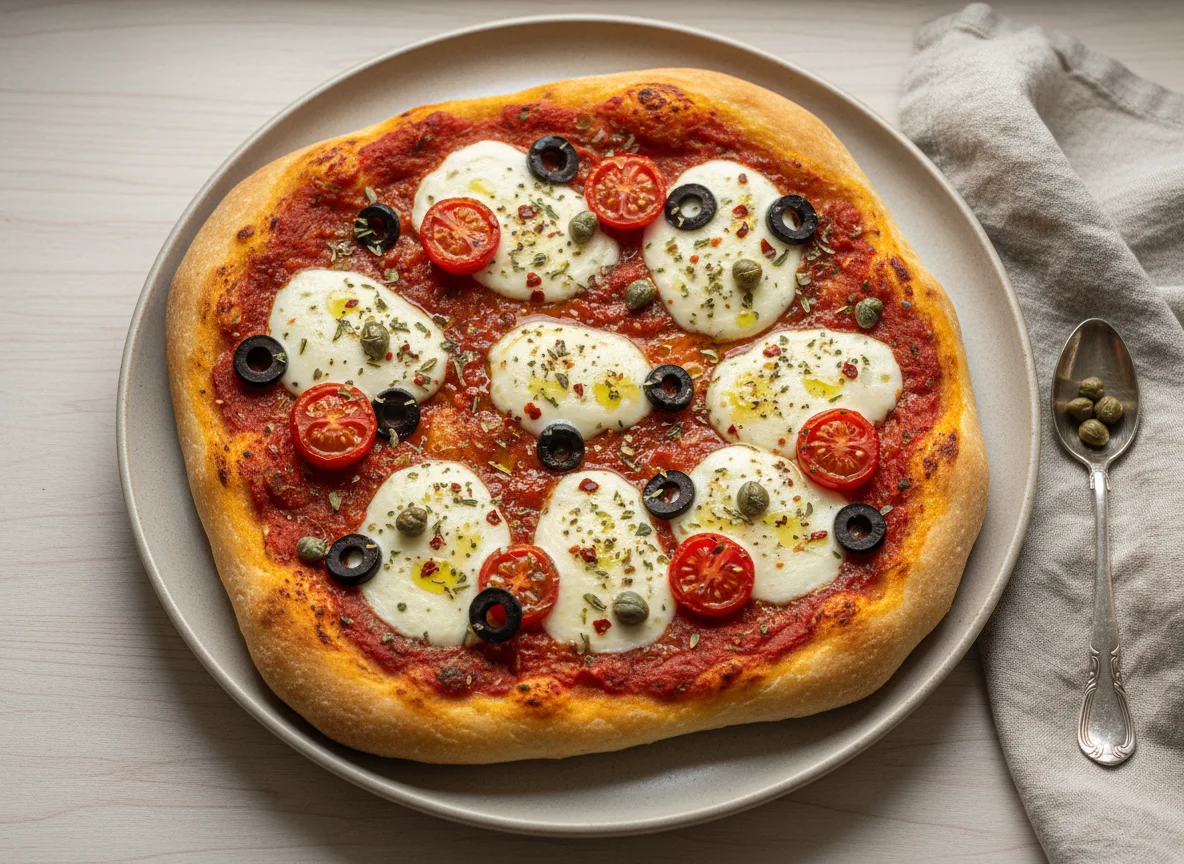 Focaccia-Pizza mit Tomaten, Oliven und Mozzarella photo