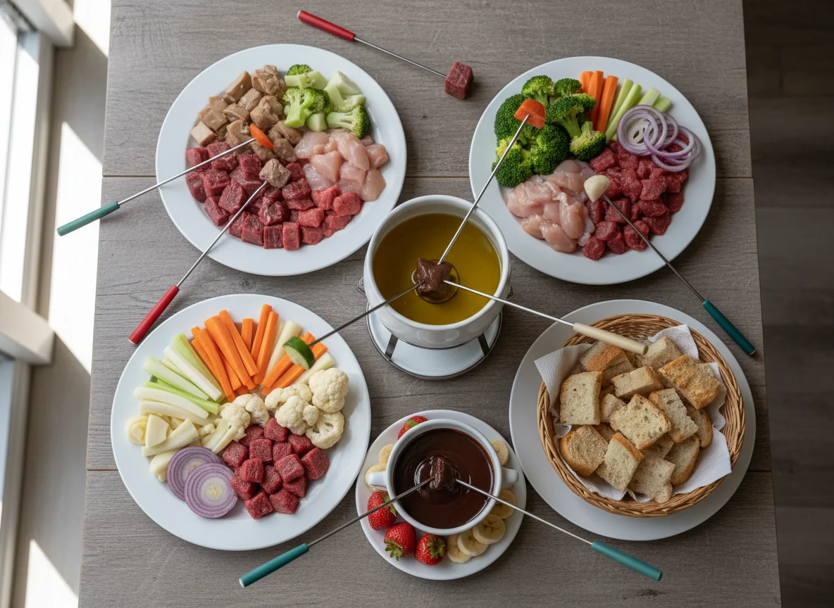 Fondue mit Fleisch, Gemüse und Brot photo