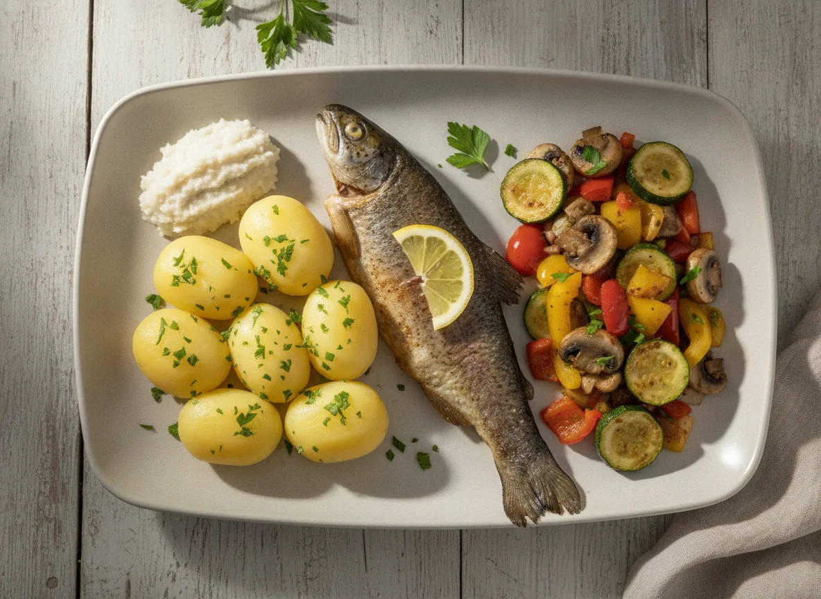Forelle mit Gemüse, Kartoffeln und Kren photo