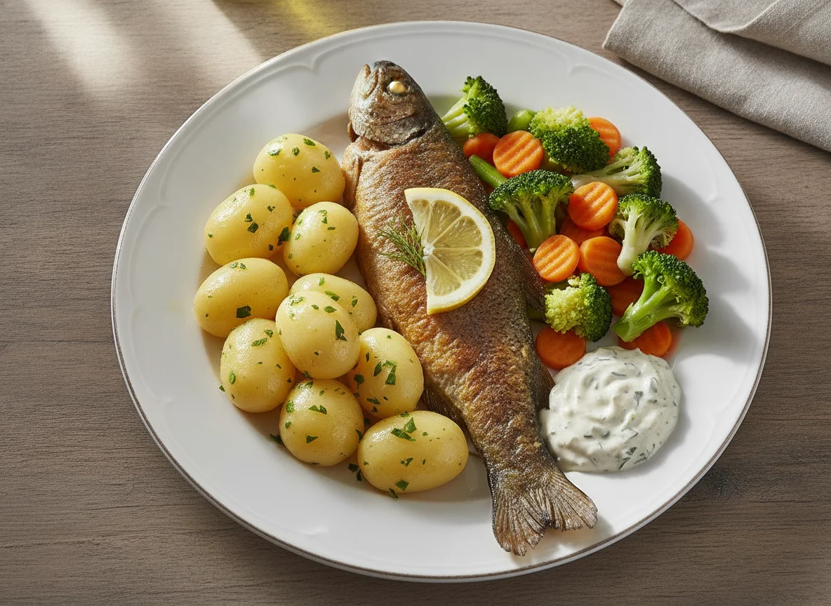 Forelle mit Kartoffeln und Gemüse photo