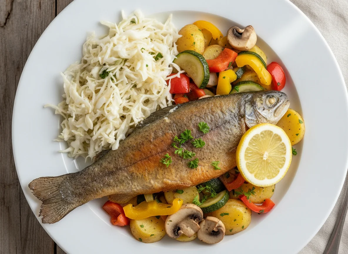 Forellenfilet mit Gemüse, Kartoffeln und Krautsalat photo
