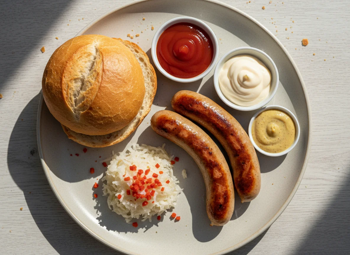 Frankfurter mit Gebäck und Beilagen photo