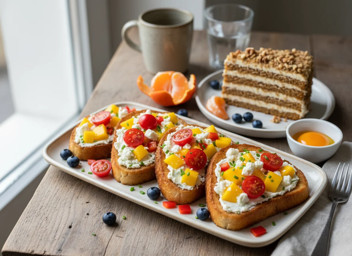 Französischer Toast mit Tomaten, Marlenka Kuchen und Obst photo