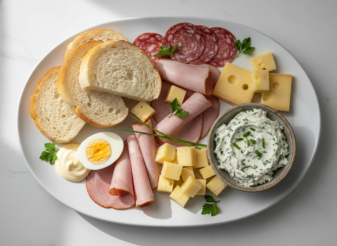 Französisches Abendessen mit Aufschnitt und Eiern photo