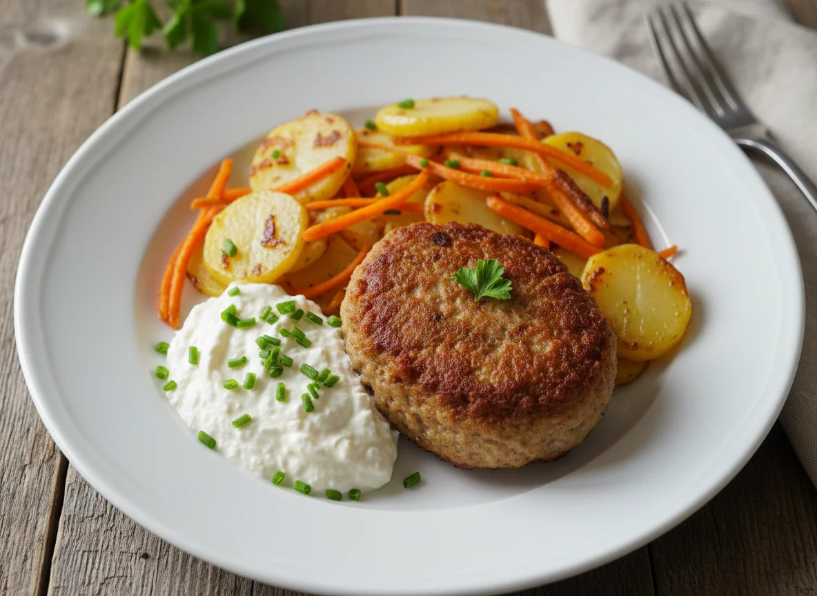 Frikadelle mit Bratkartoffeln, Karotten und Quark photo