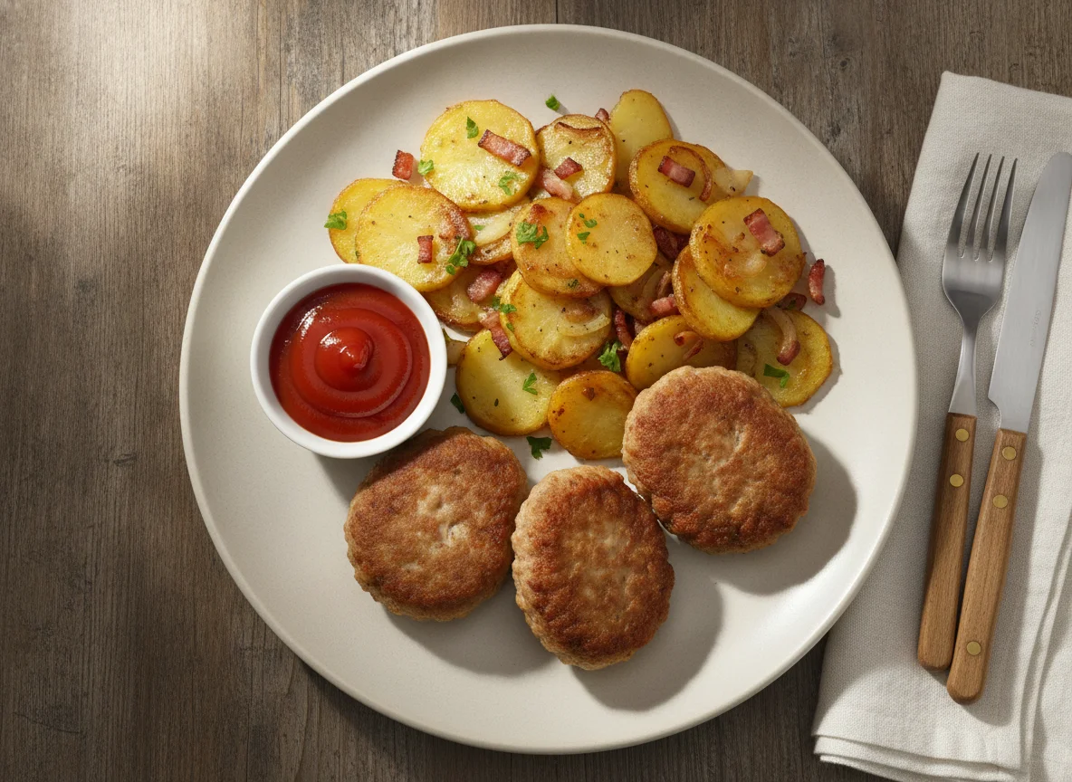 Frikadelle mit Bratkartoffeln und Ketchup photo