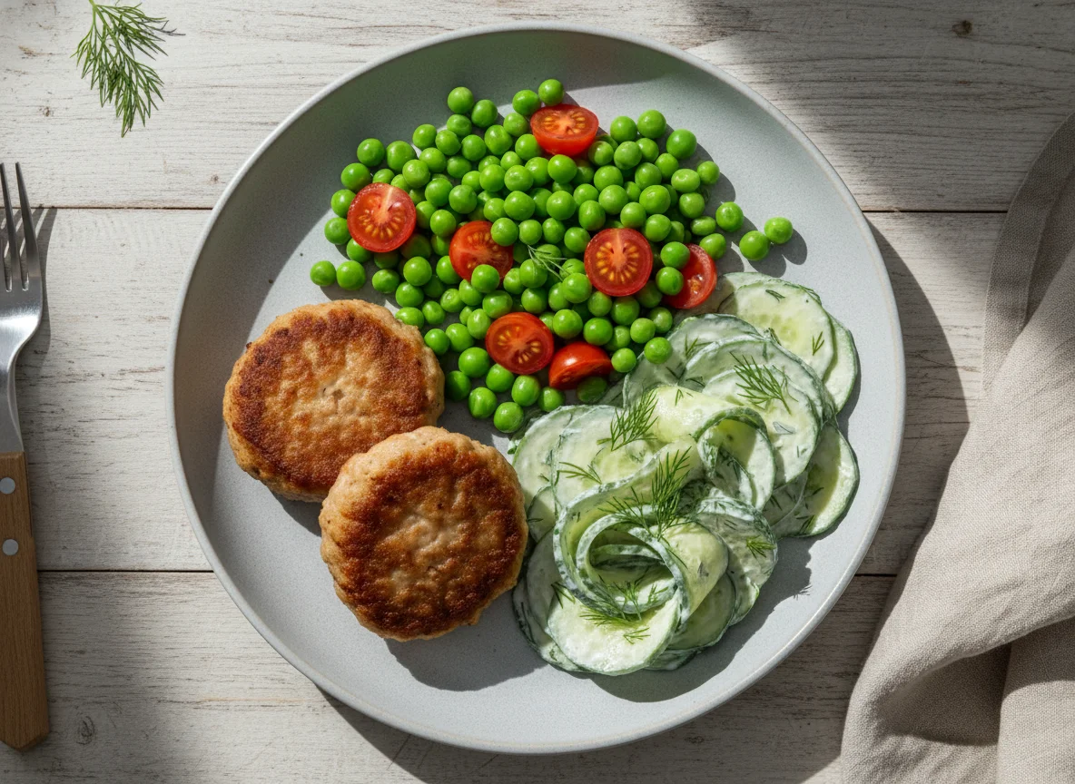 Frikadelle mit Erbsen und Gurkensalat photo