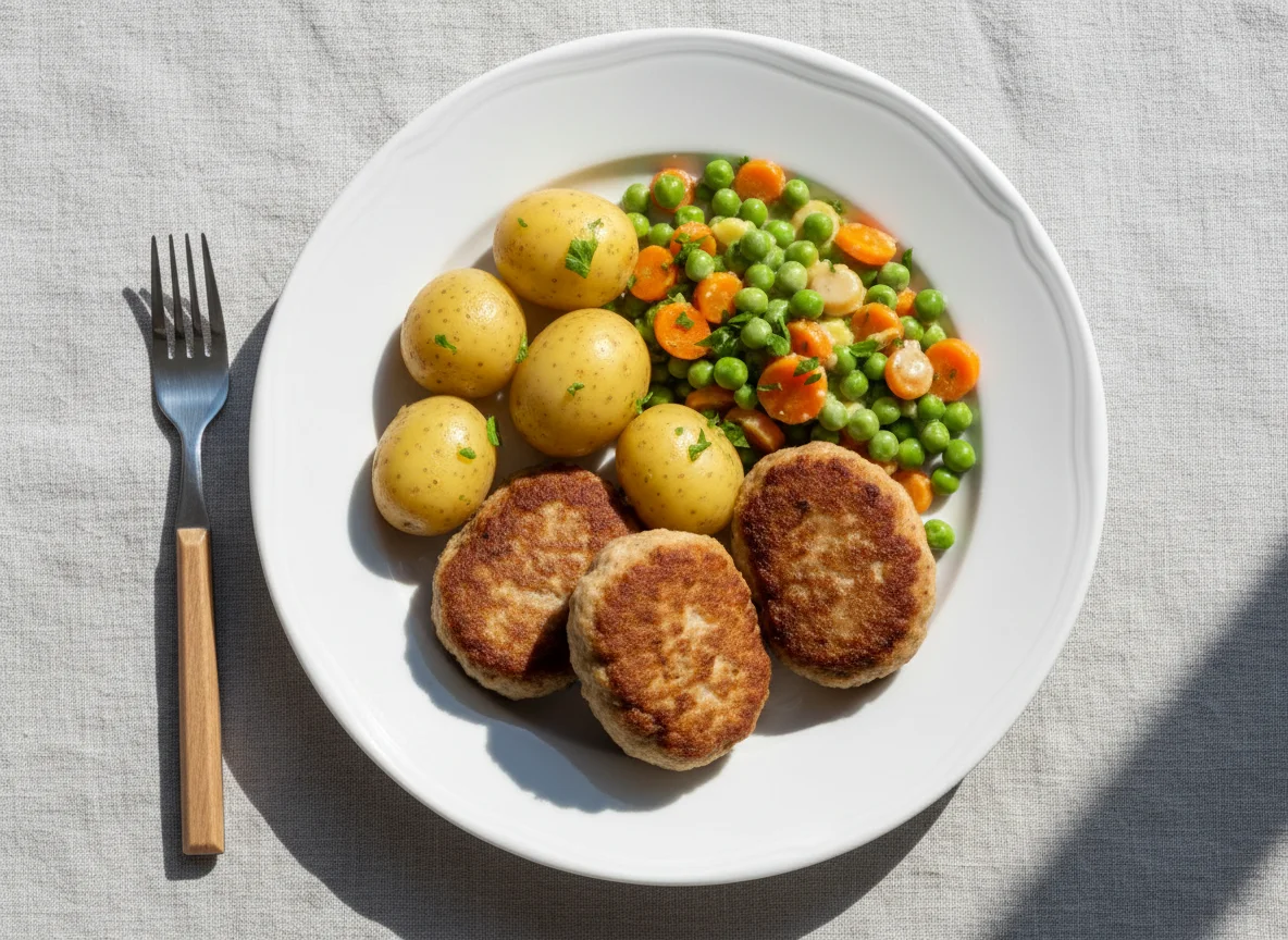 Frikadelle mit Erbsen-Möhren-Gemüse und Kartoffeln photo