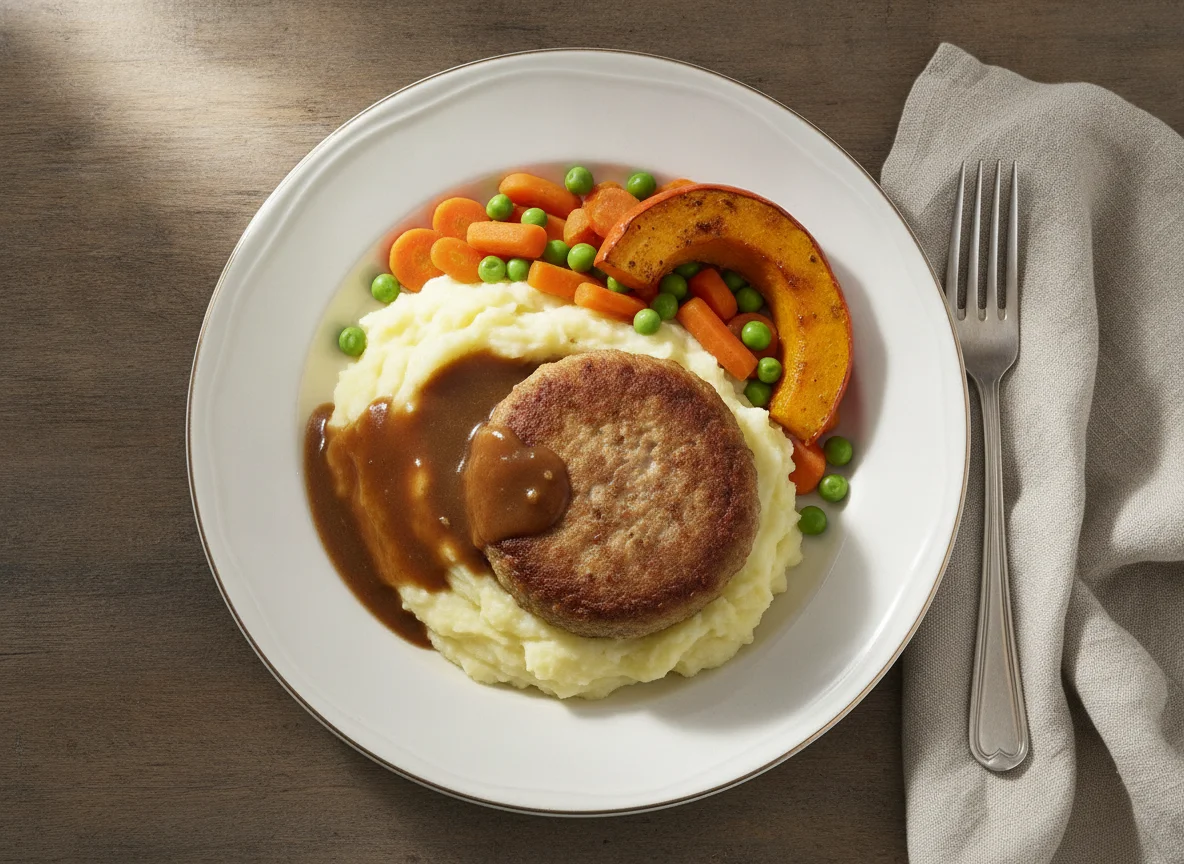 Frikadelle mit Kartoffelbrei, Mischgemüse und Bratensoße photo