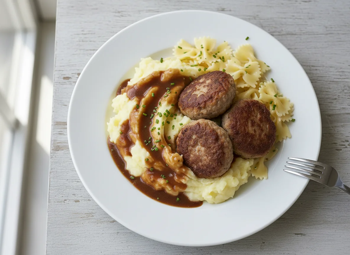 Frikadelle mit Kartoffelbrei und Farfalle photo