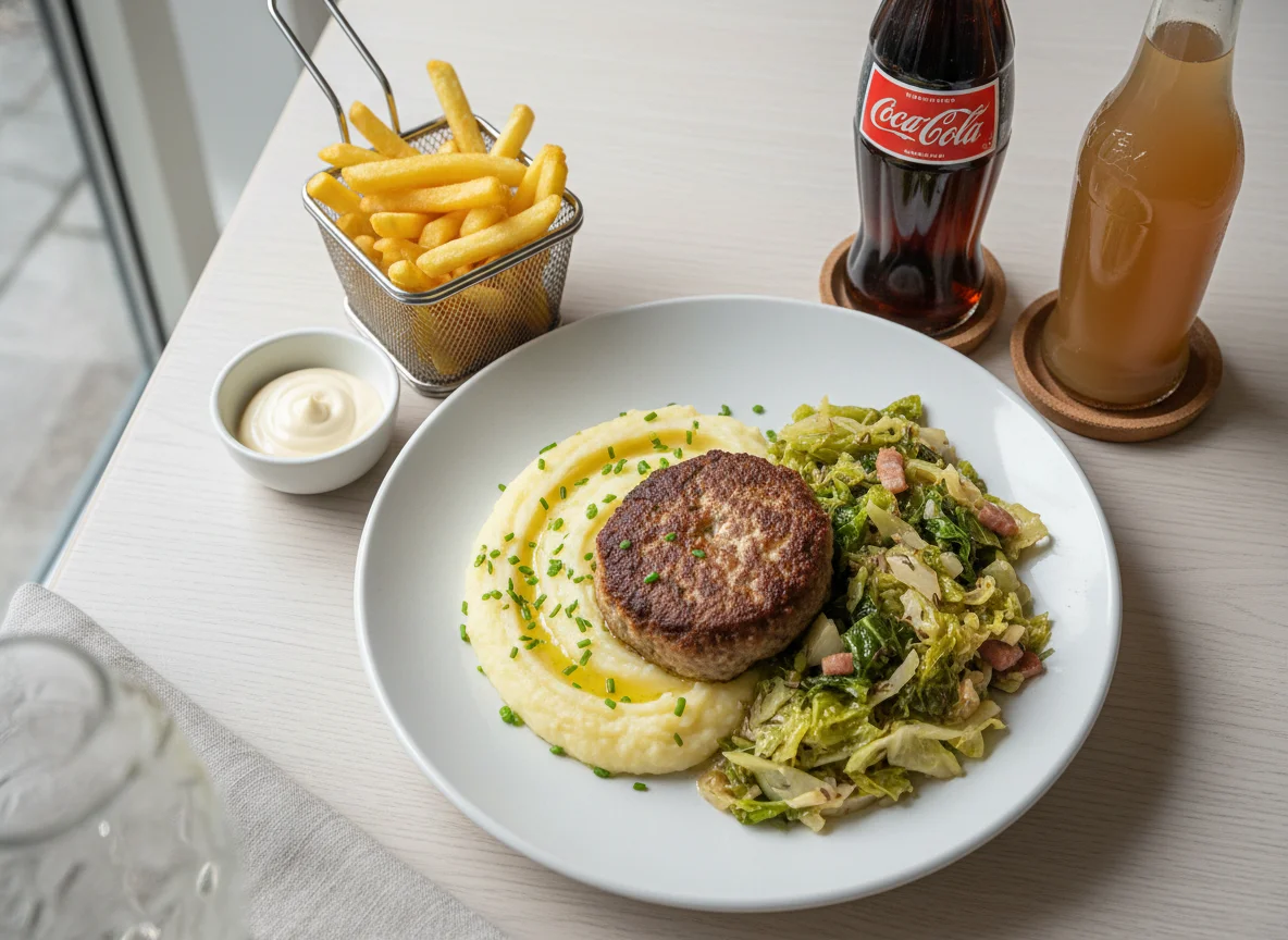 Frikadelle mit Kartoffelbrei und Wirsinggemüse photo