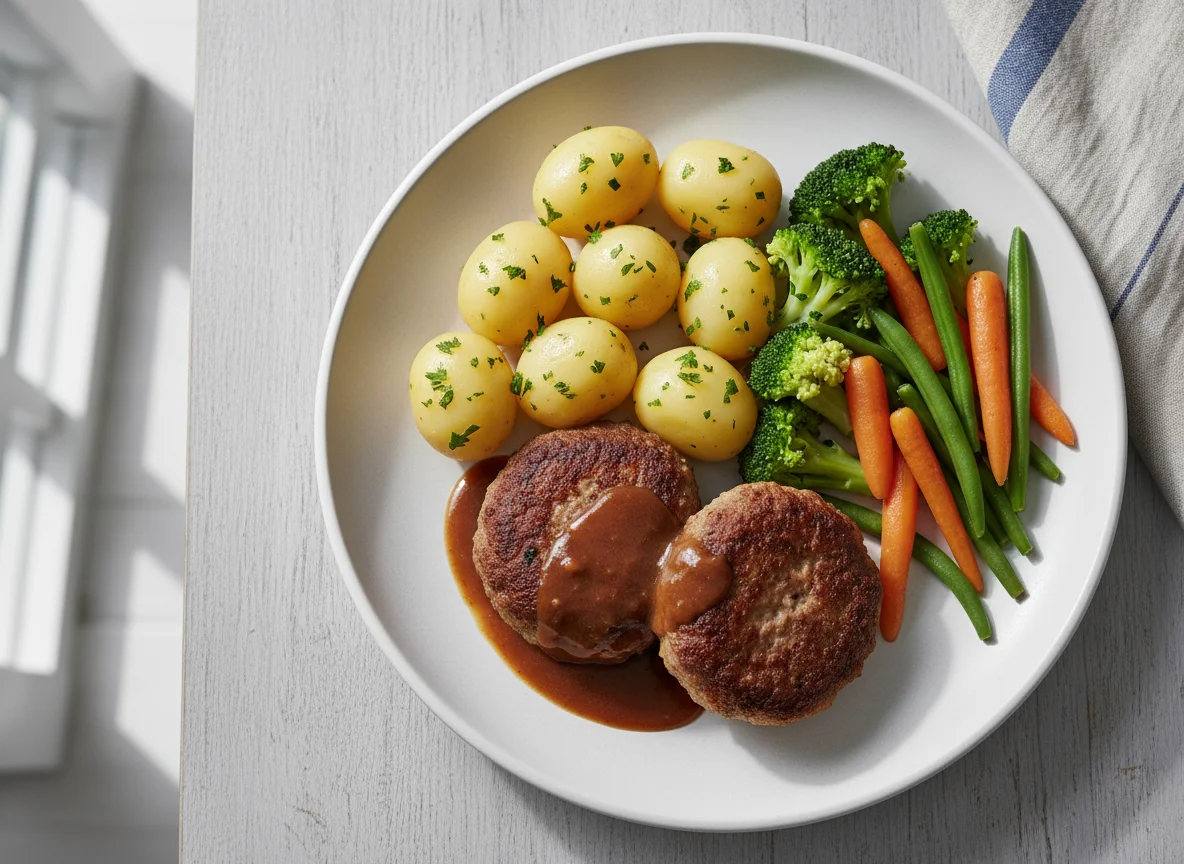 Frikadelle mit Kartoffeln und Gemüse photo