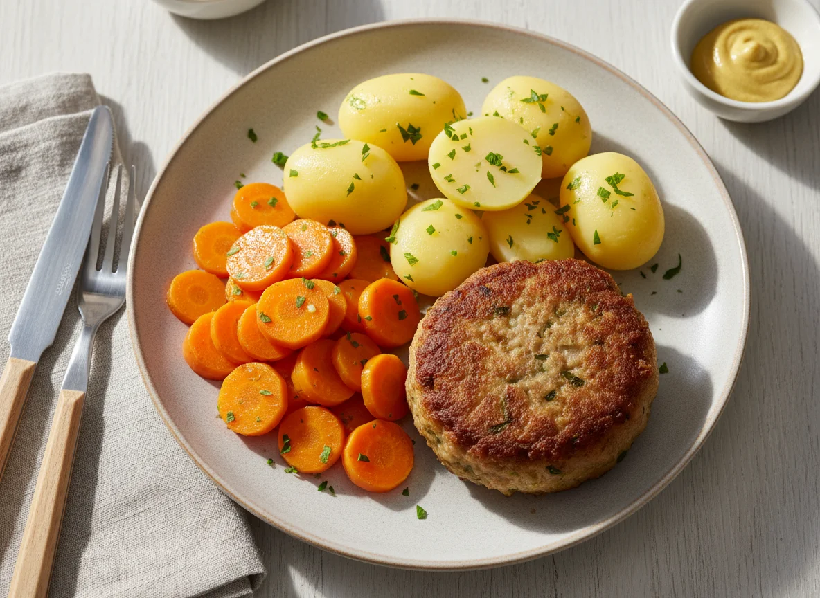 Frikadelle mit Kartoffeln und Karotten photo