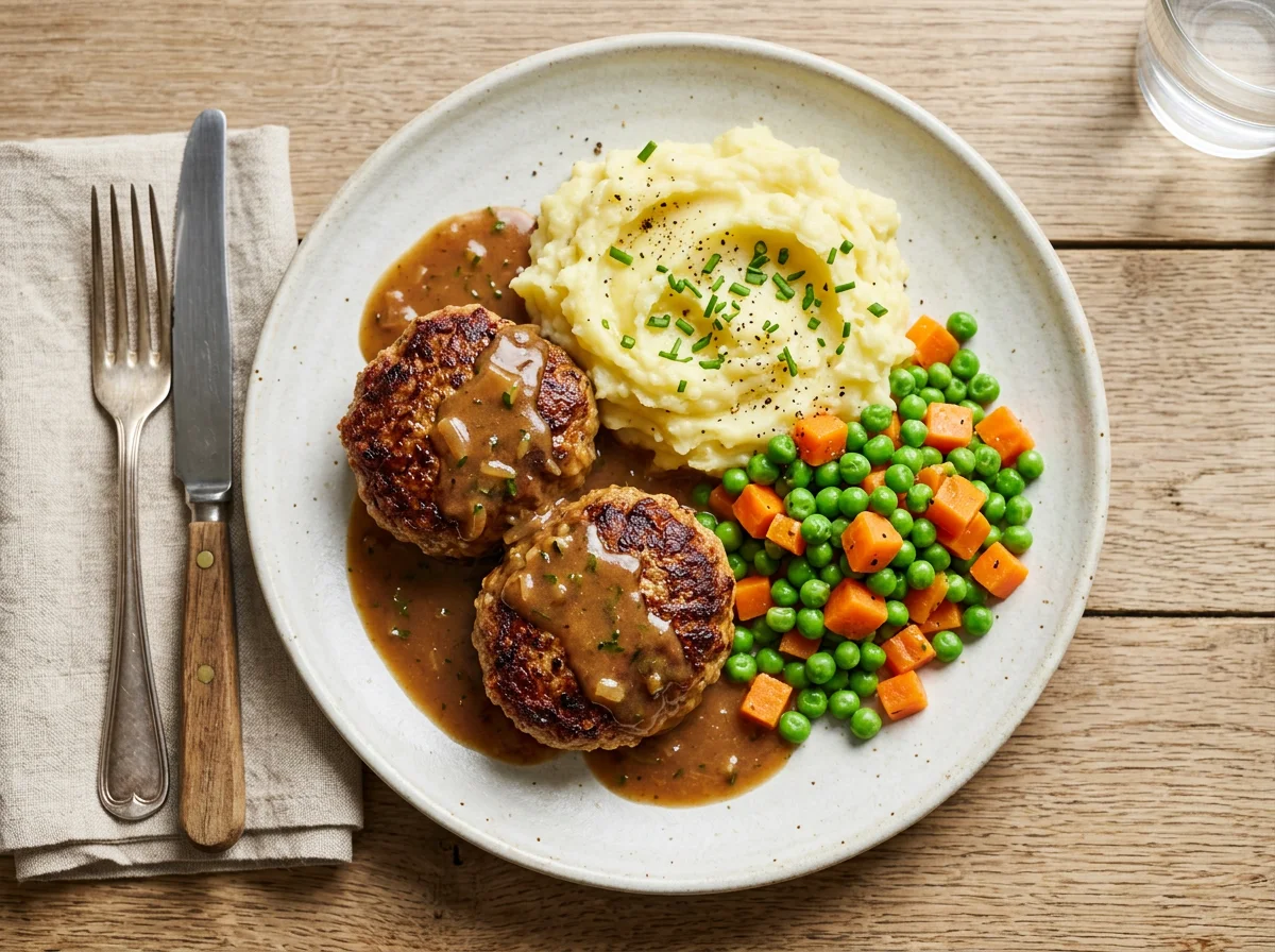 Frikadelle mit Kartoffelpüree, Erbsen, Karotten und Sauce photo