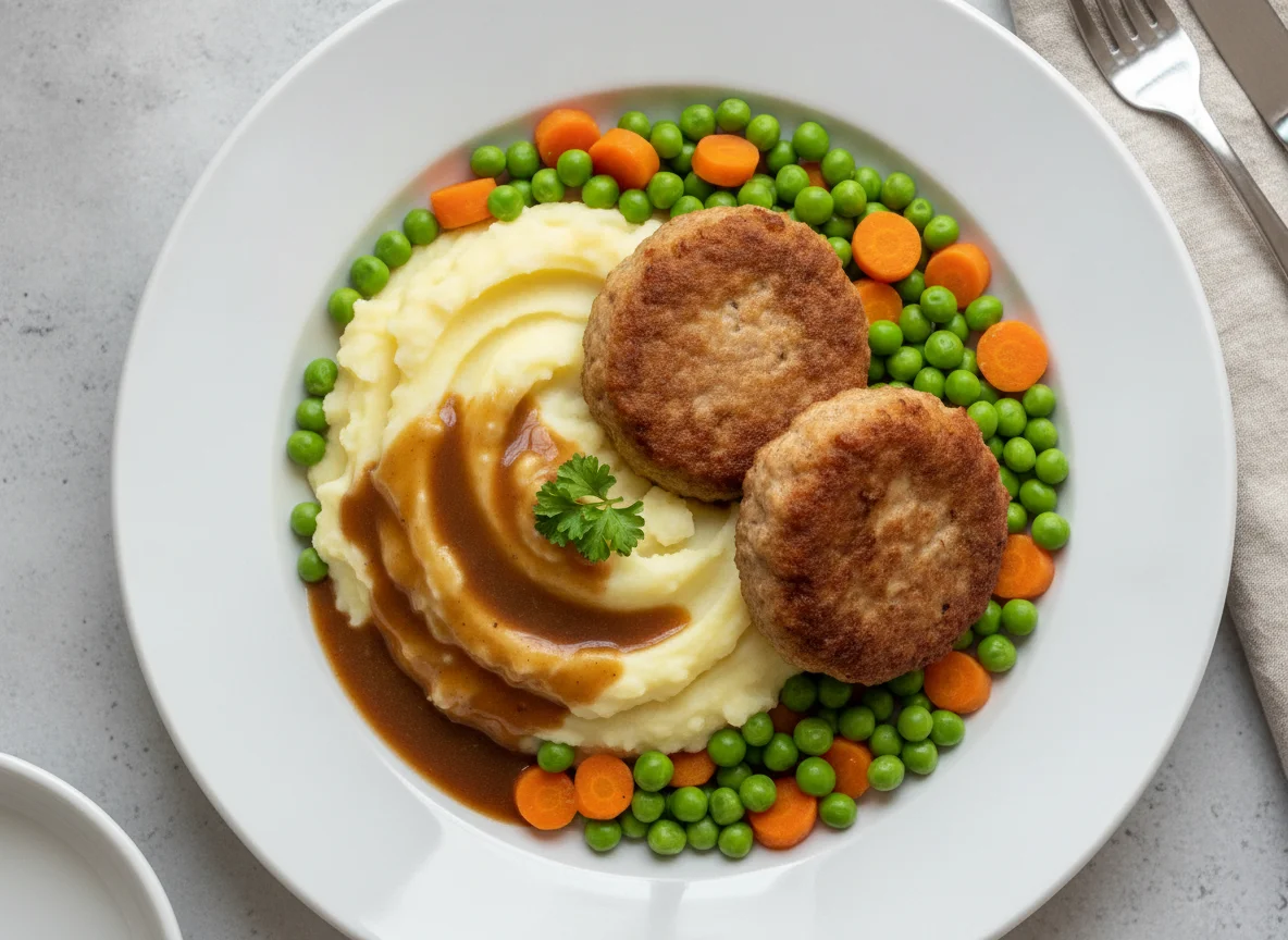 Frikadelle mit Kartoffelpüree, Erbsen, Möhren und Bratensoße photo