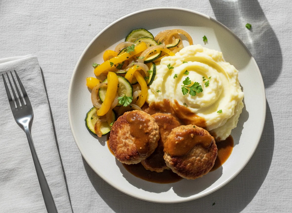 Frikadelle mit Kartoffelpüree, Gemüse und Bratensoße photo