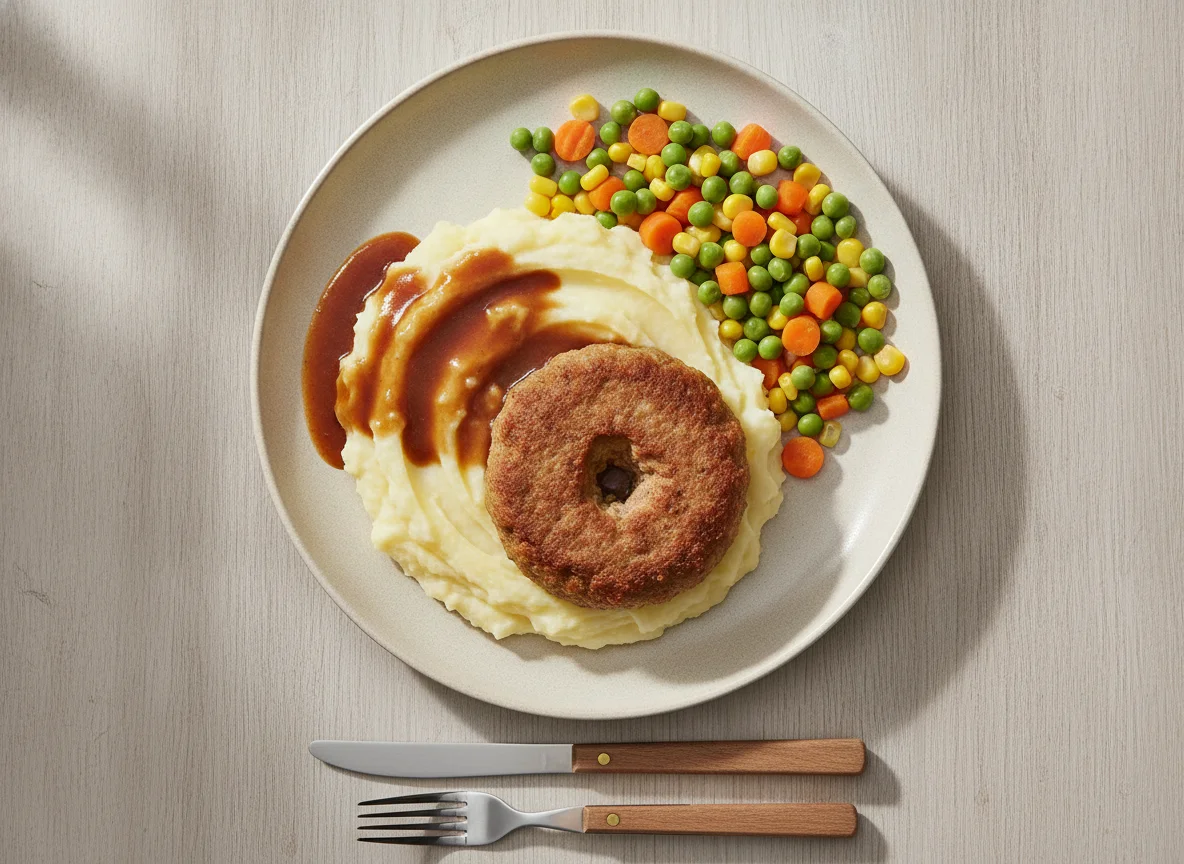 Frikadelle mit Kartoffelpüree, Mischgemüse und Bratensoße photo