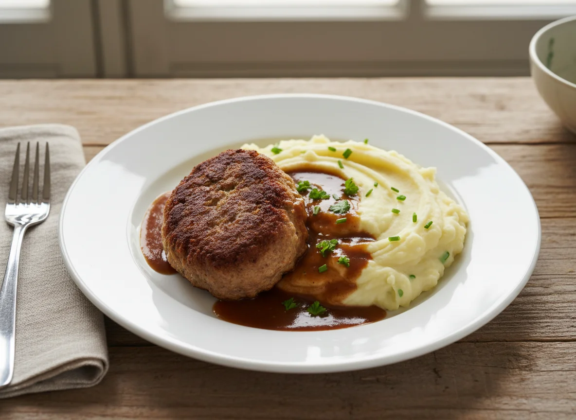 Frikadelle mit Kartoffelpüree und Bratensoße photo