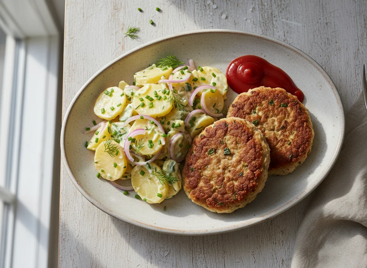 Frikadelle mit Kartoffelsalat und Ketchup photo