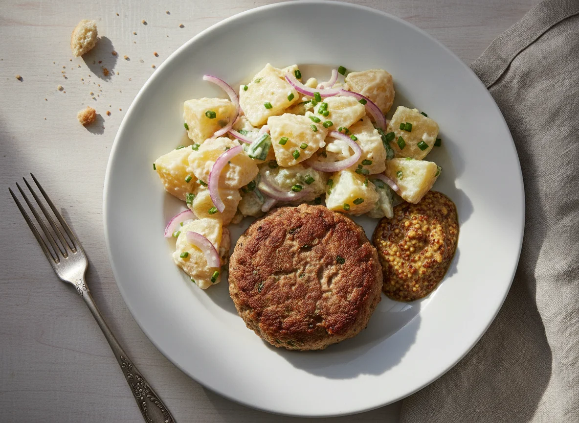 Frikadelle mit Kartoffelsalat und Senf photo