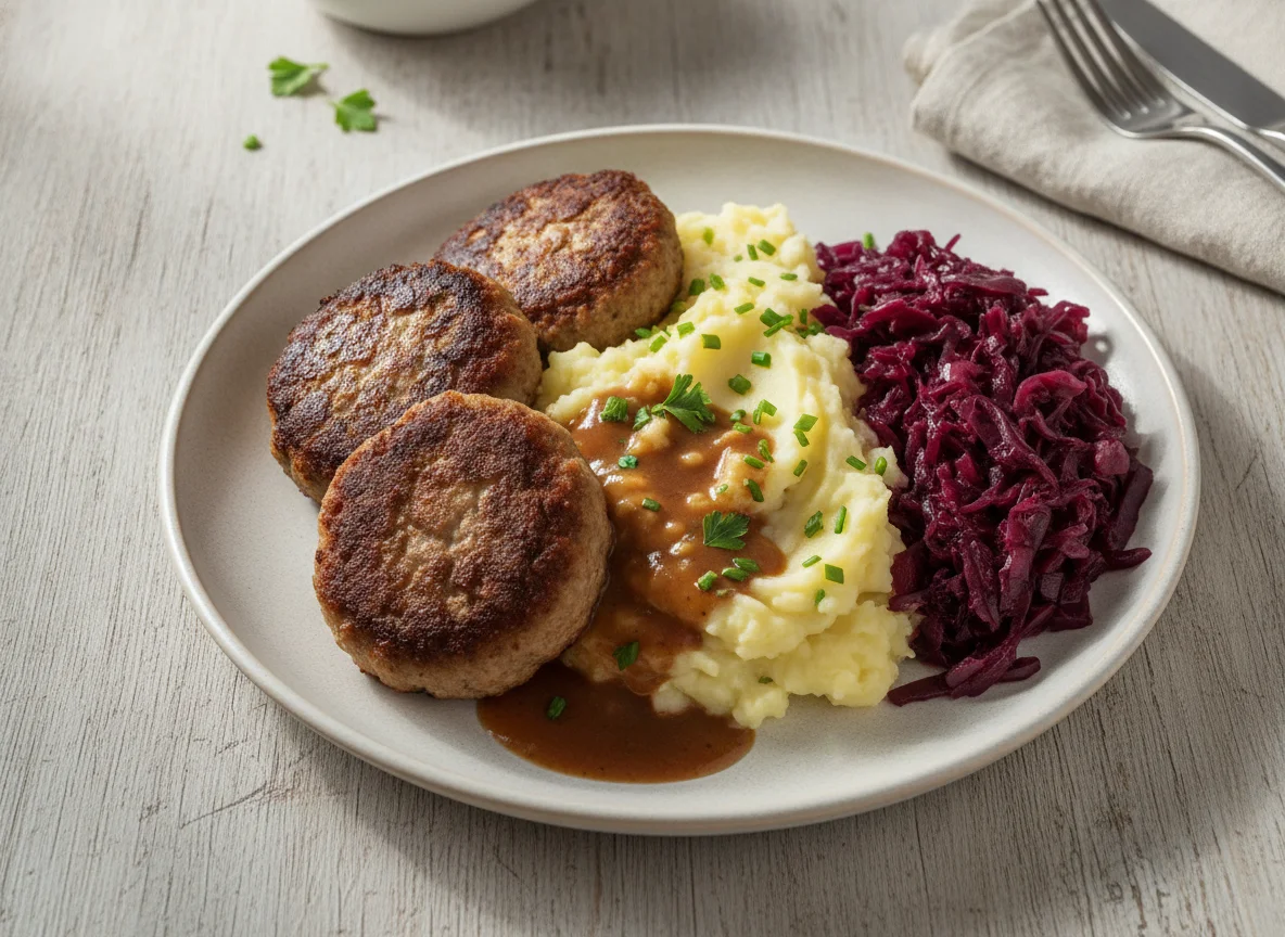 Frikadelle mit Kartoffelstampf und Rotkohl photo