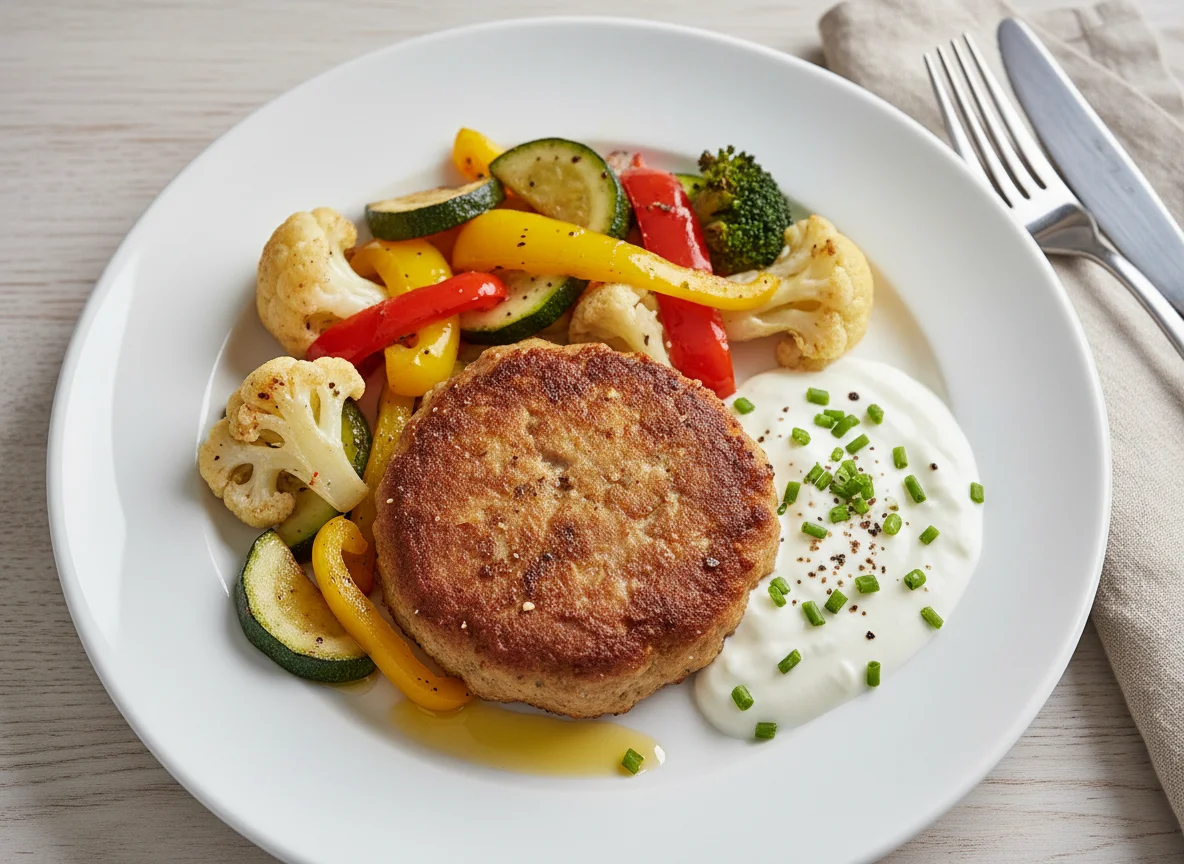 Frikadelle mit Pfannengemüse und Joghurtsauce photo