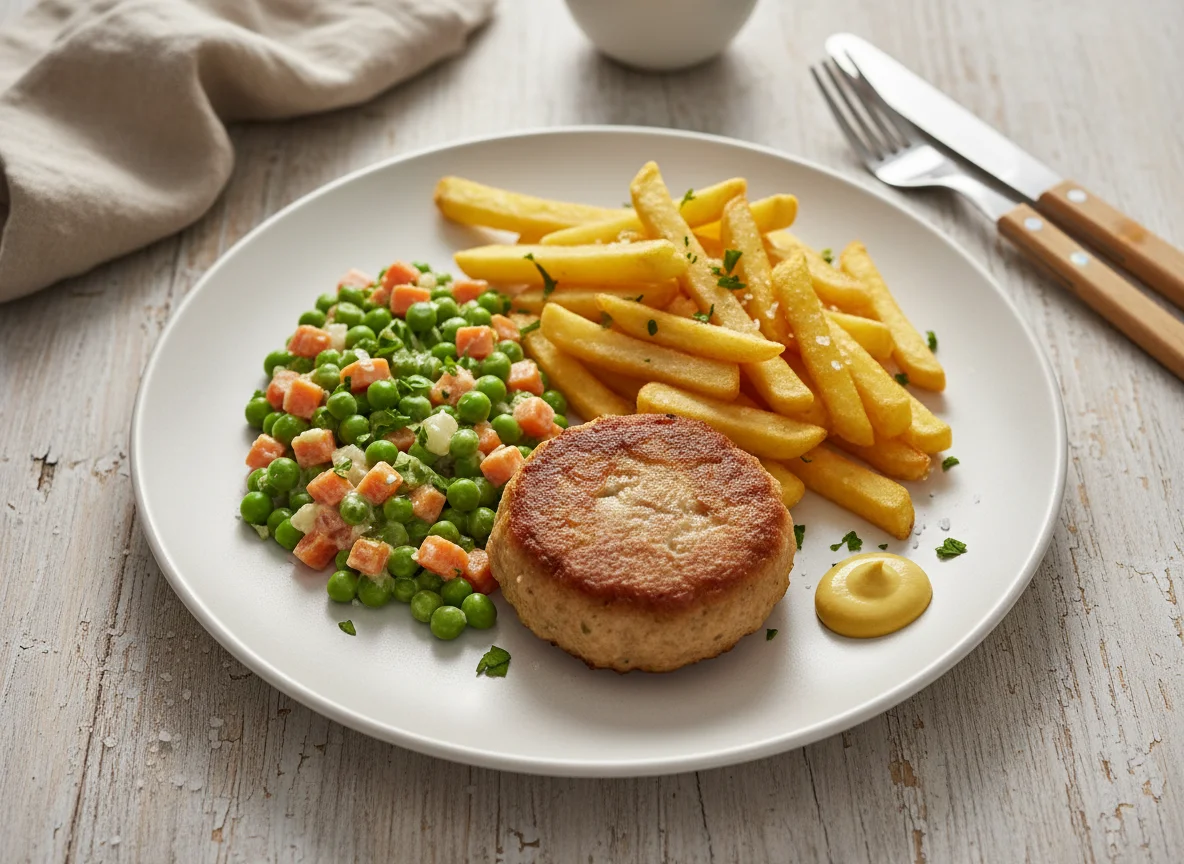 Frikadelle mit Pommes und Erbsen-Möhren-Gemüse photo