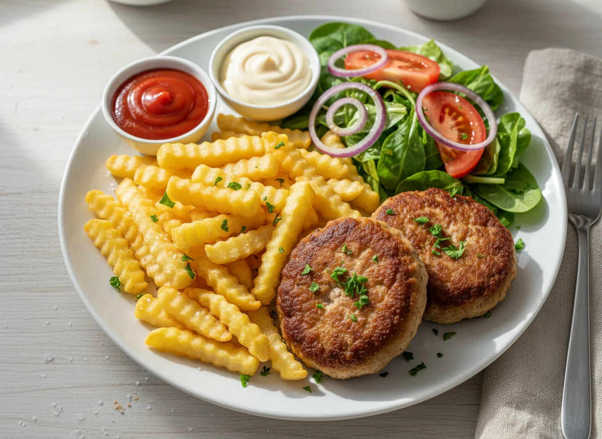 Frikadelle mit Pommes und Salat photo