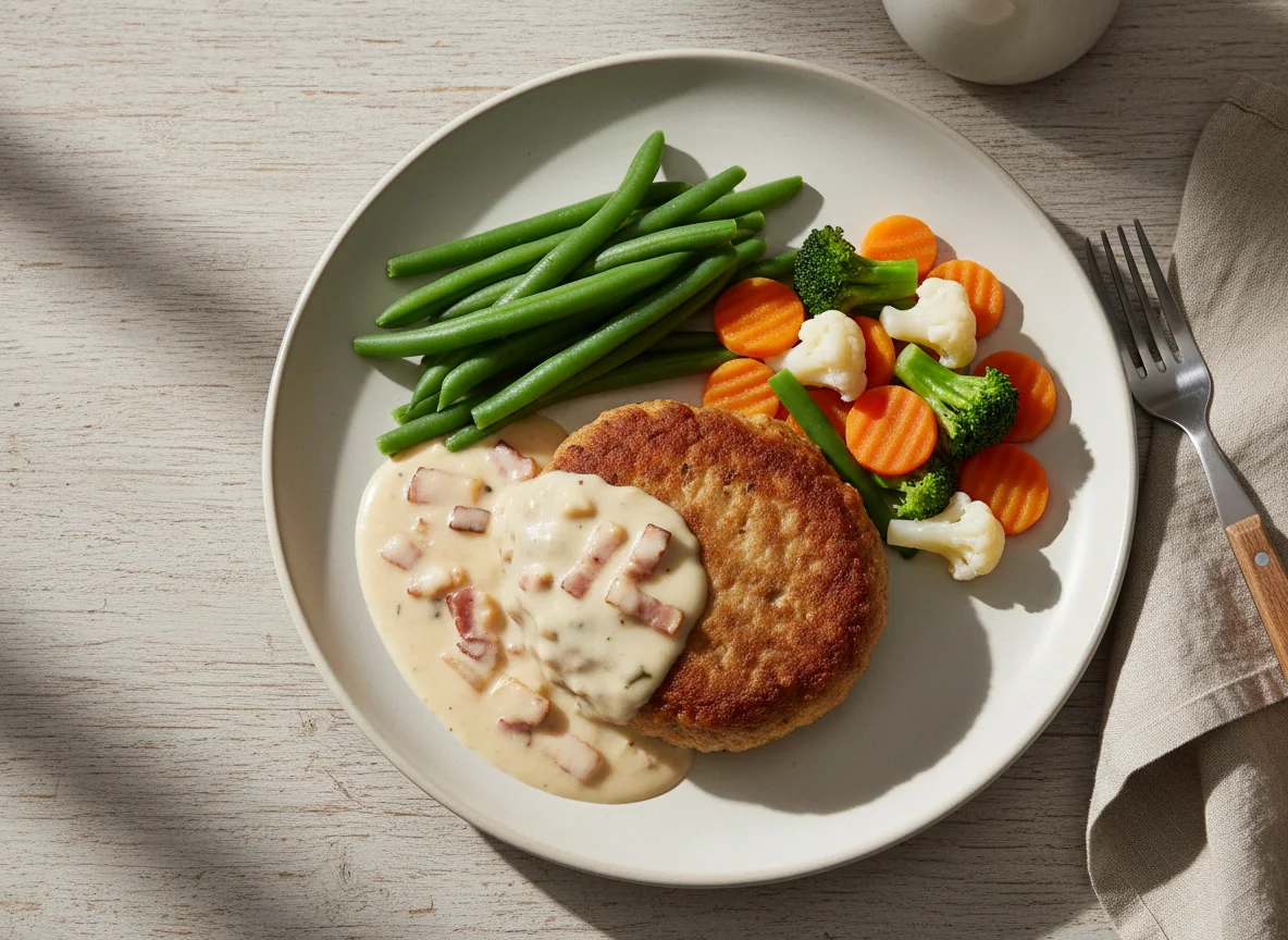 Frikadelle mit Rahmsauce, grünen Bohnen und Mischgemüse photo