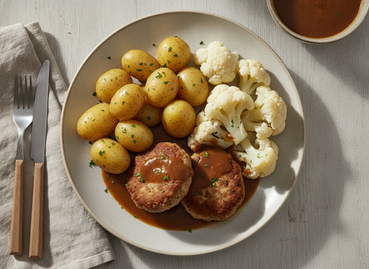 Frikadelle mit Salzkartoffeln, Blumenkohl und Bratensoße photo