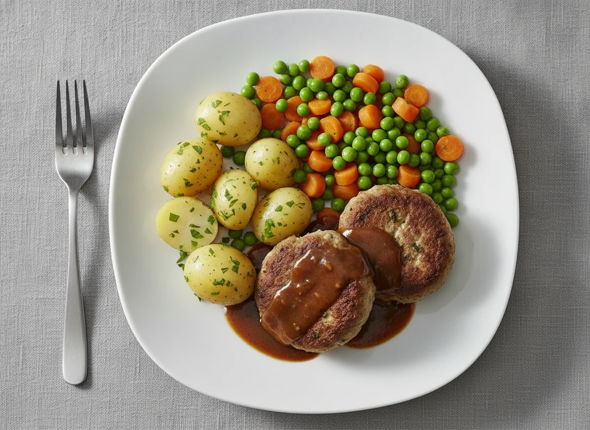 Frikadelle mit Salzkartoffeln, Erbsen, Möhren und Bratensoße photo