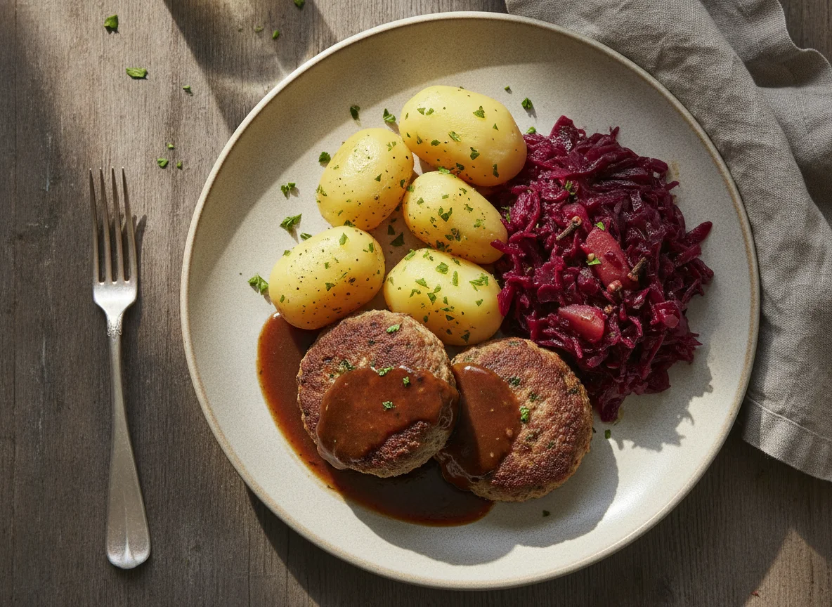 Frikadelle mit Salzkartoffeln, Rotkohl und Bratensoße photo