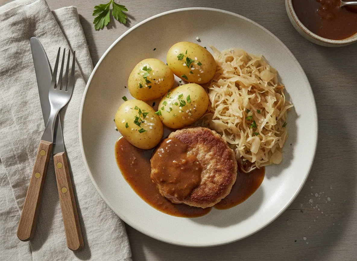 Frikadelle mit Salzkartoffeln, Sauerkraut und Bratensoße photo