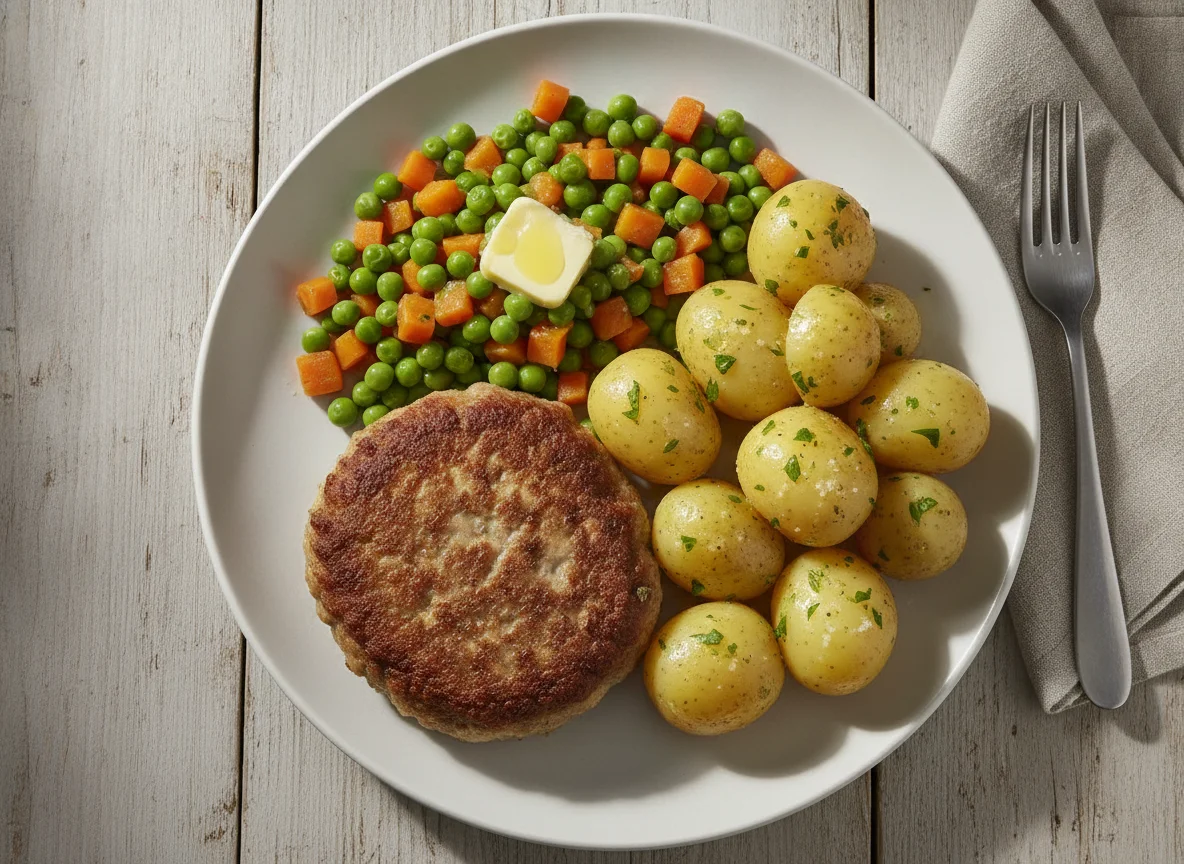 Frikadelle mit Salzkartoffeln und Erbsen-Möhren-Gemüse photo