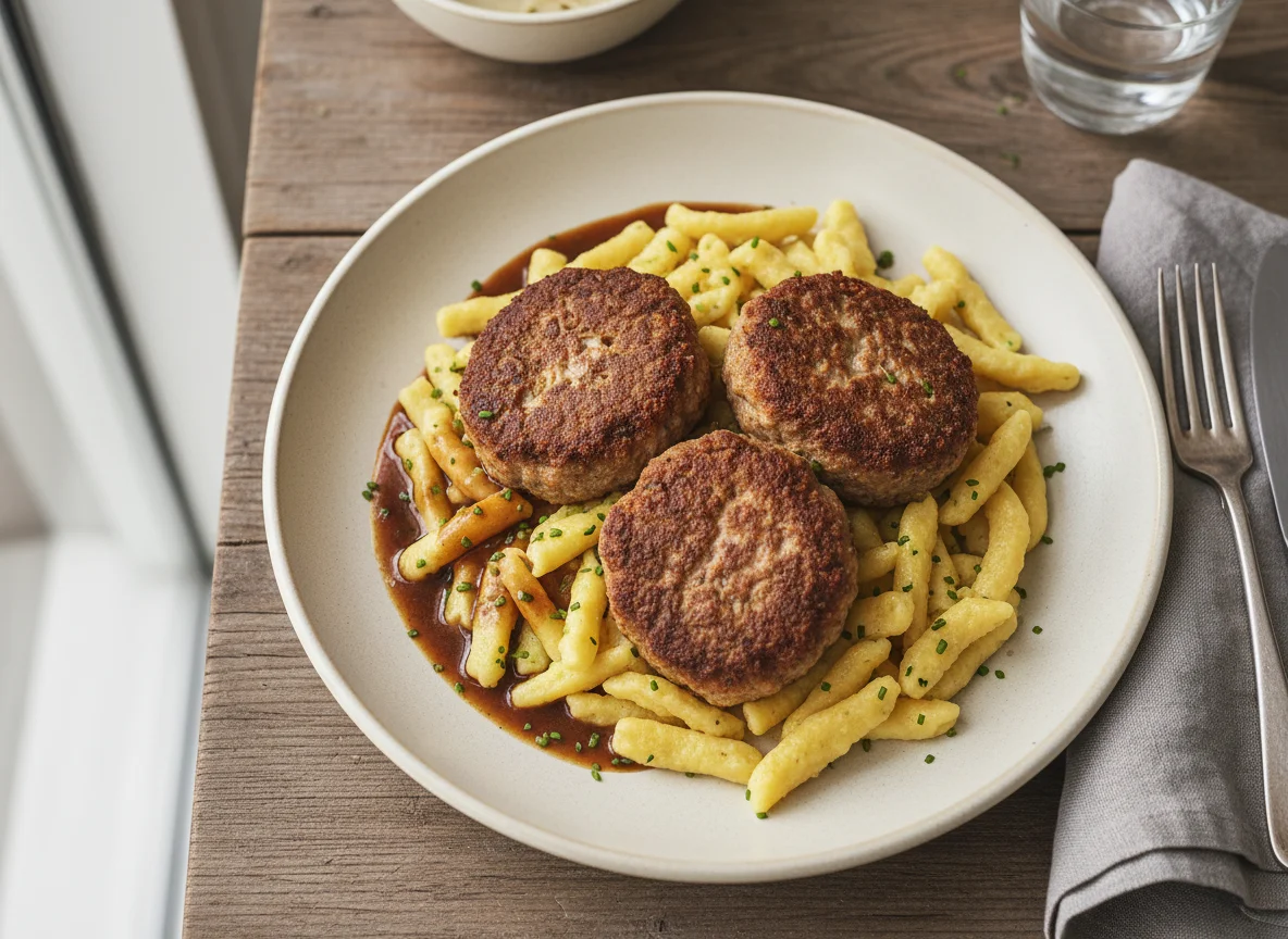 Frikadelle mit Spätzle und Bratensoße photo