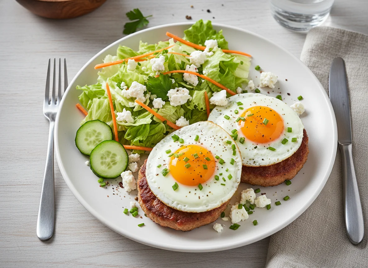 Frikadelle mit Spiegeleiern, Feta und Salat photo