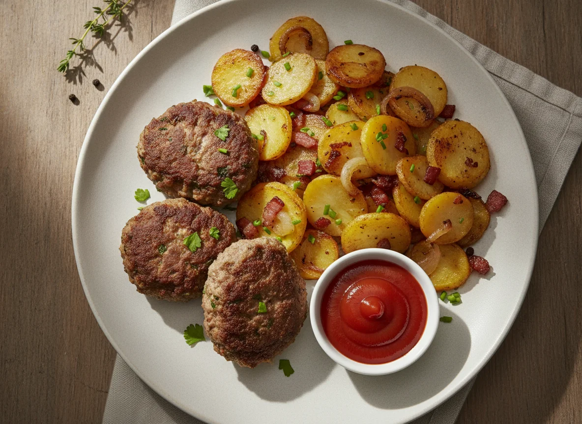 Frikadellen mit Bratkartoffeln und Ketchup photo