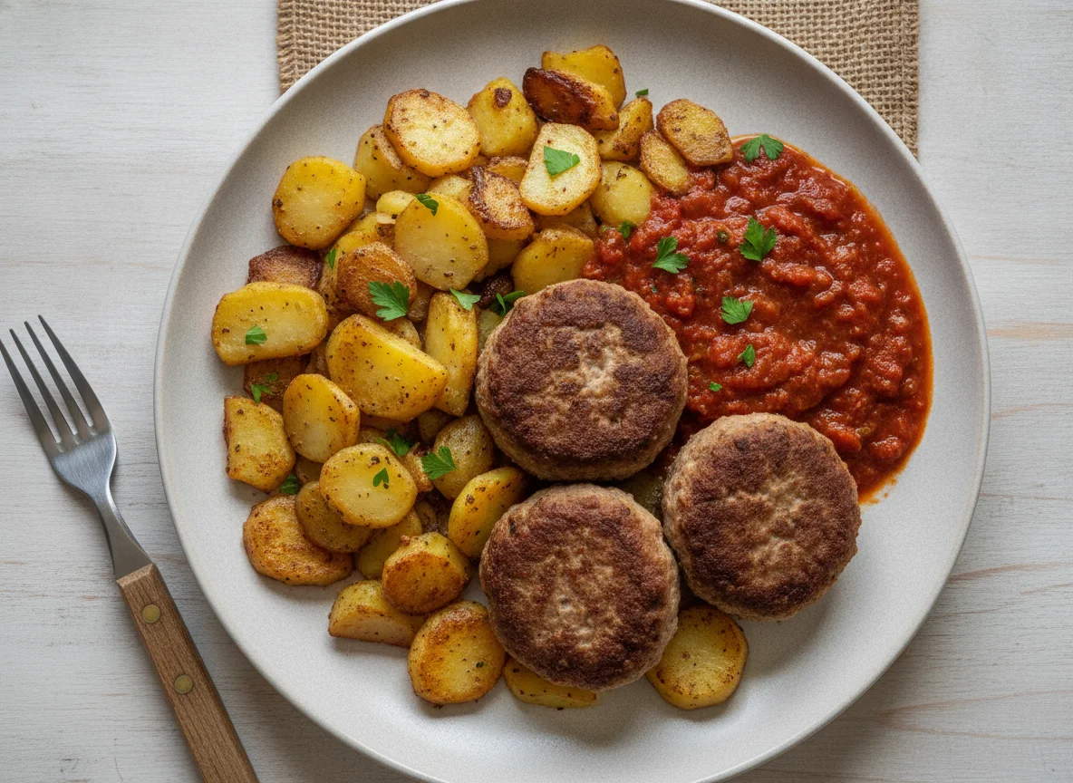Frikadellen mit Bratkartoffeln und Sauce photo