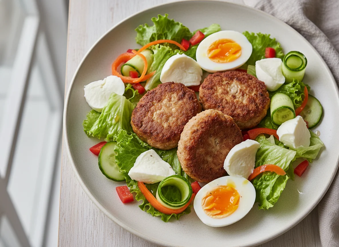 Frikadellen mit Ei, Mozzarella und Salat photo