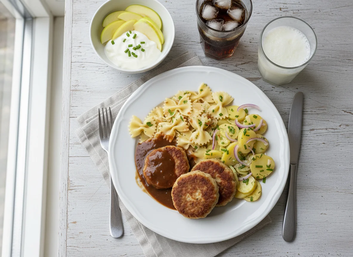 Frikadellen mit Farfalle und Kartoffelsalat photo