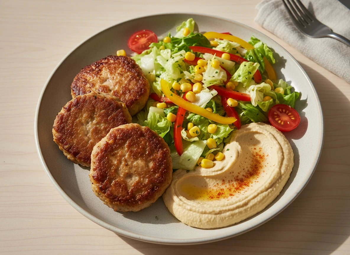 Frikadellen mit gemischtem Salat und Hummus photo