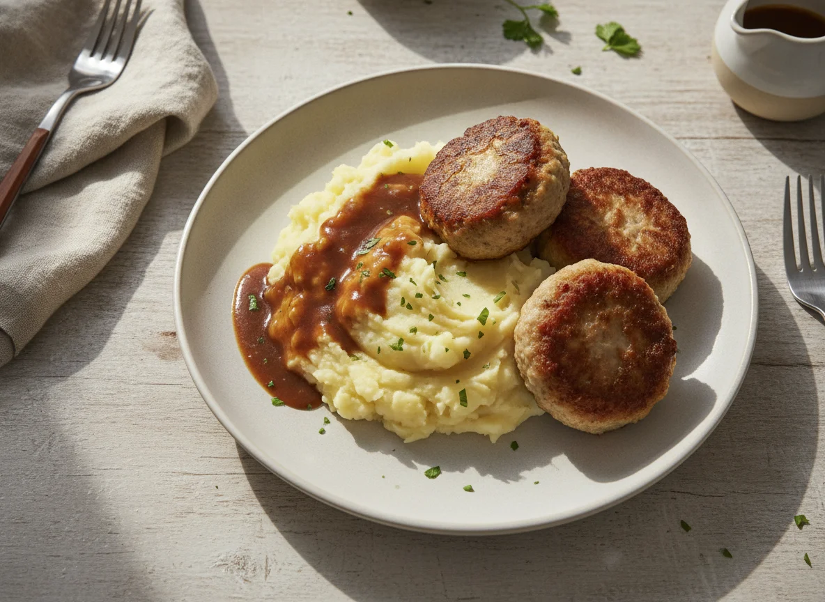 Frikadellen mit Kartoffelbrei und Bratensoße photo