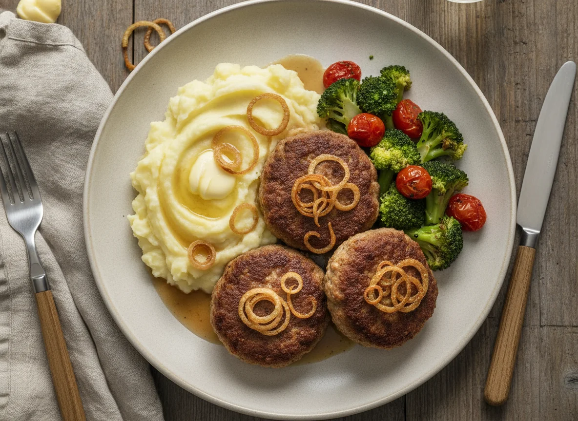 Frikadellen mit Kartoffelbrei und Brokkoli photo