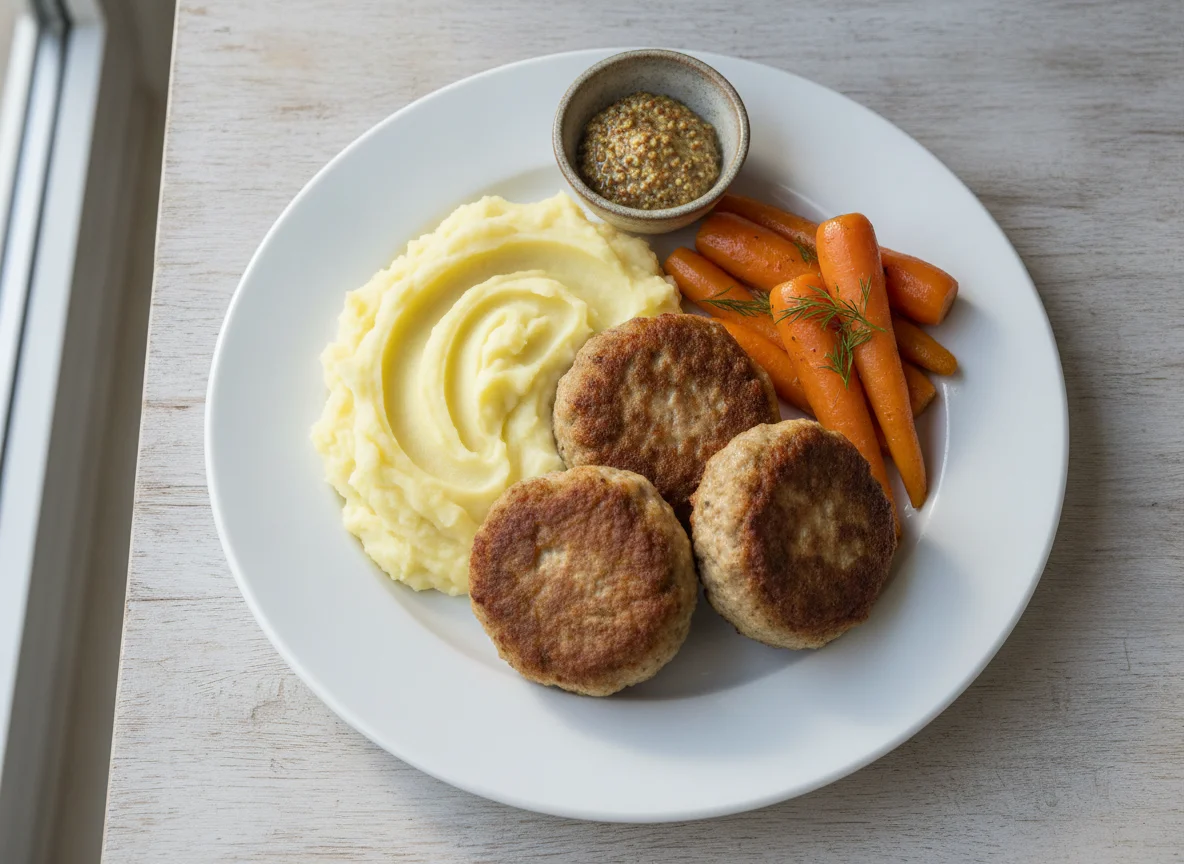Frikadellen mit Kartoffelbrei und Karotten photo