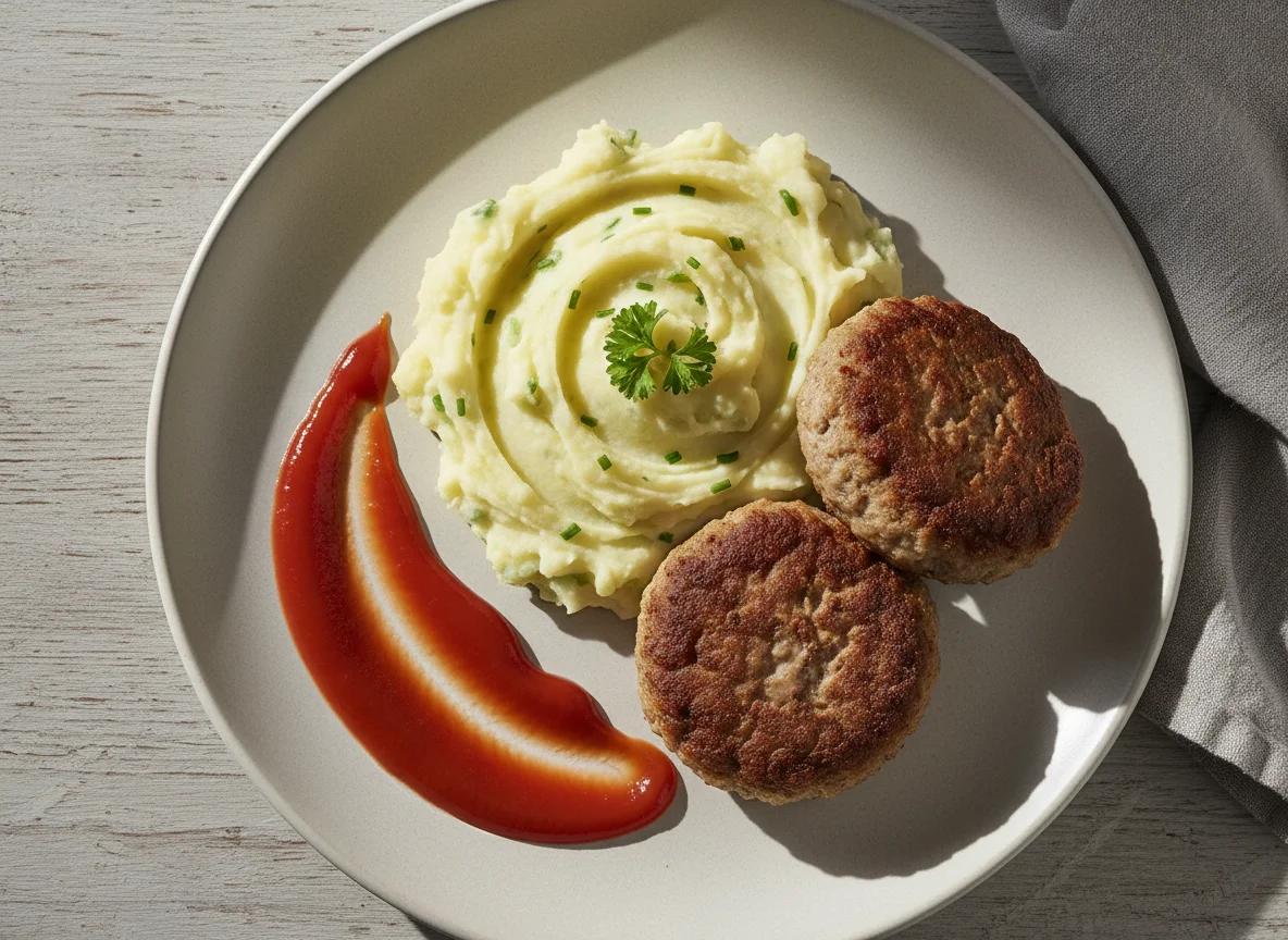 Frikadellen mit Kartoffelbrei und Ketchup photo