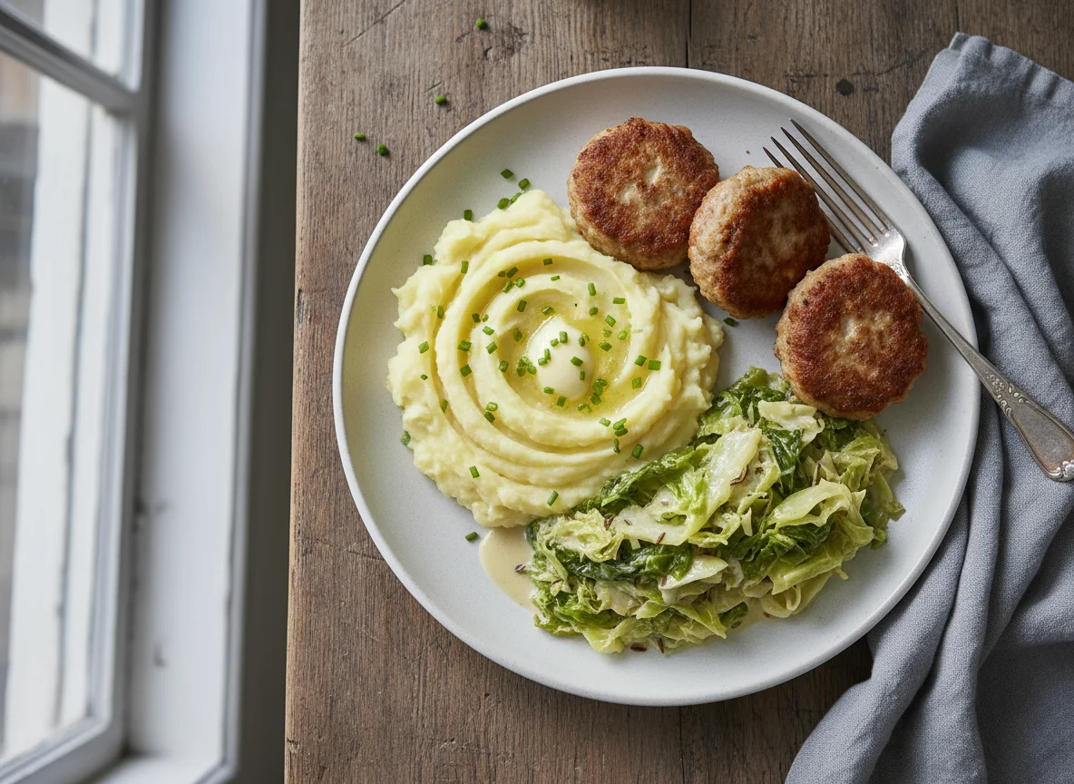 Frikadellen mit Kartoffelbrei und Rahmwirsing photo
