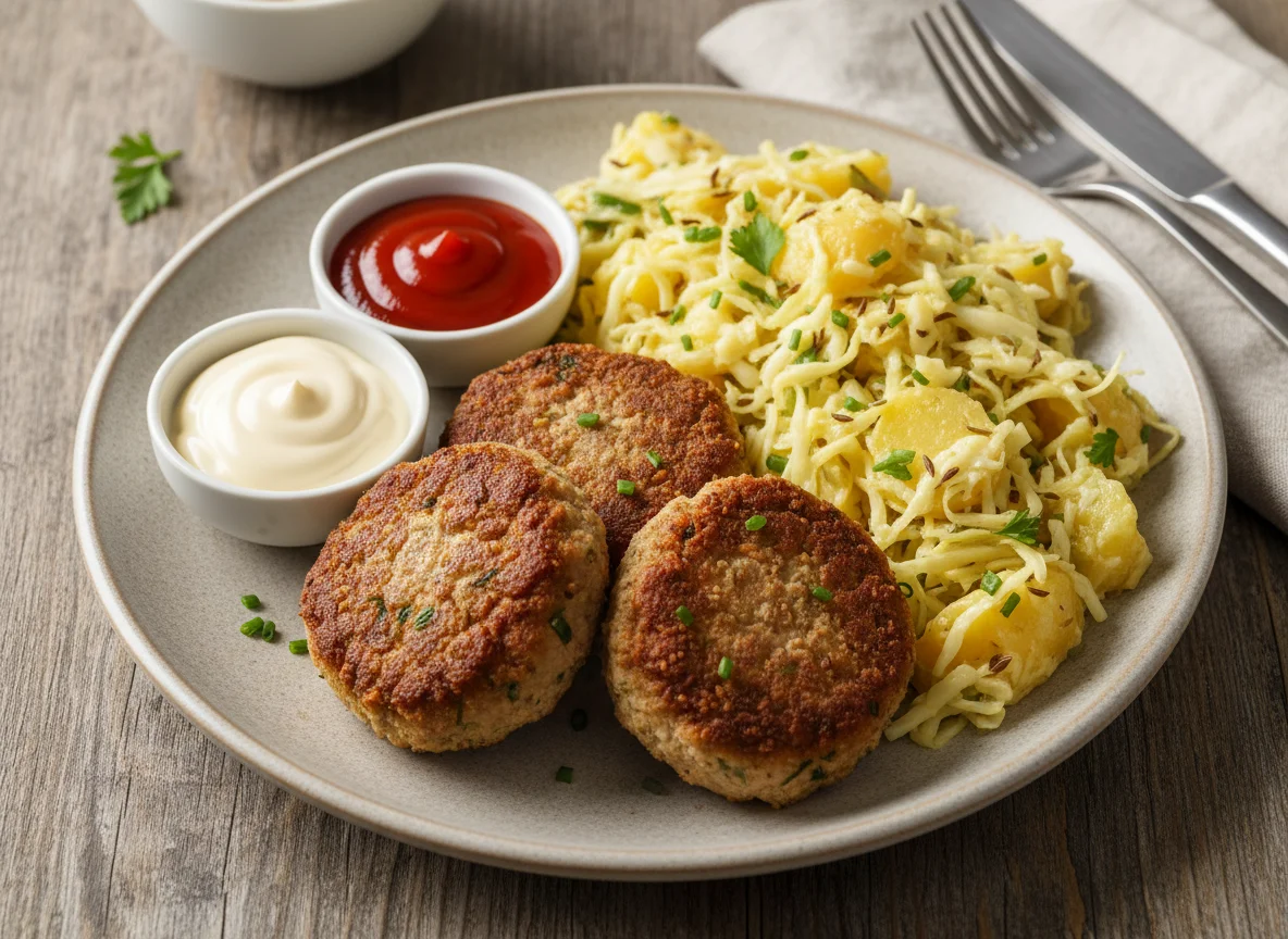 Frikadellen mit Kartoffel-Krautsalat und Saucen photo