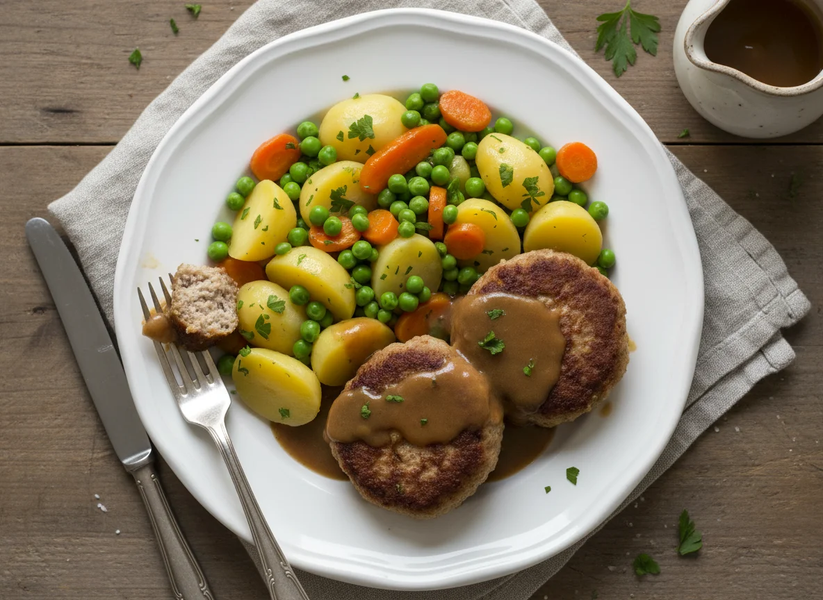 Frikadellen mit Kartoffeln, Erbsen und Karotten photo