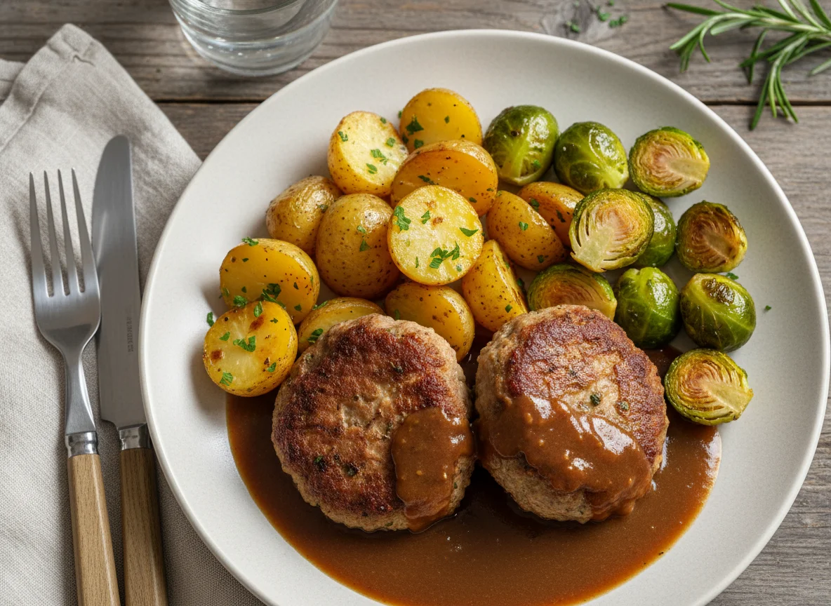 Frikadellen mit Kartoffeln, Rosenkohl und Bratensoße photo